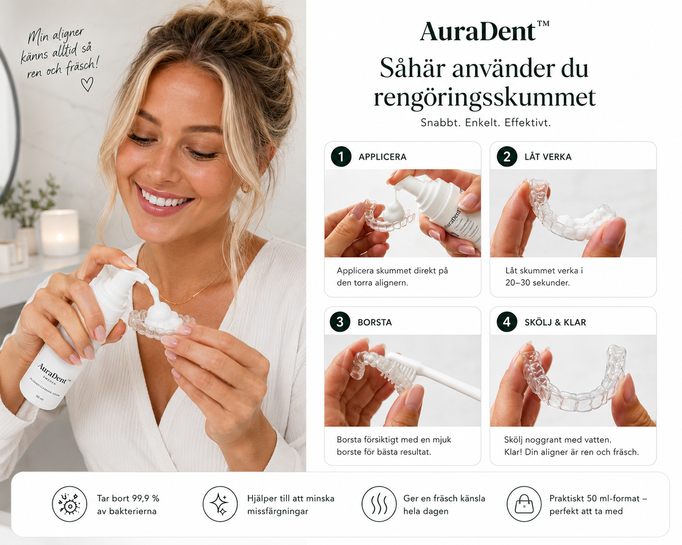 AuraDent rengöringsskum för aligners med premiumförpackning