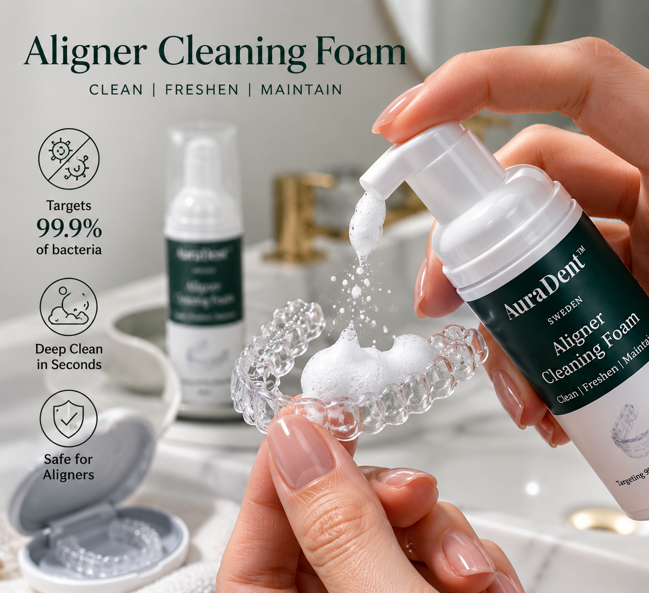 AuraDent rengöringsskum appliceras på transparent aligner